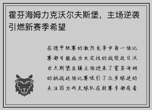 霍芬海姆力克沃尔夫斯堡，主场逆袭引燃新赛季希望